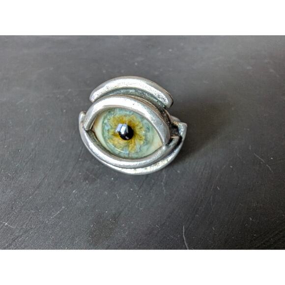 Vintage KALI Prosthetic Glass Eye Eyeball Ring Sterling Silver Hallmarked - Picture 2 of 11